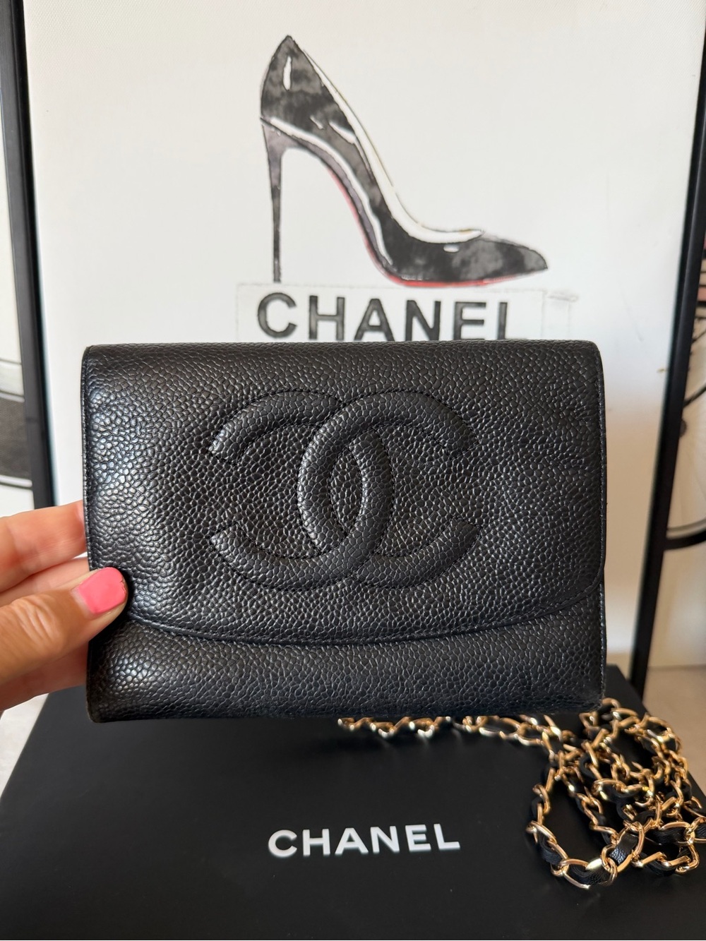 CHANEL Black Caviar Leather CC Logo Flap Wallet Timeless
